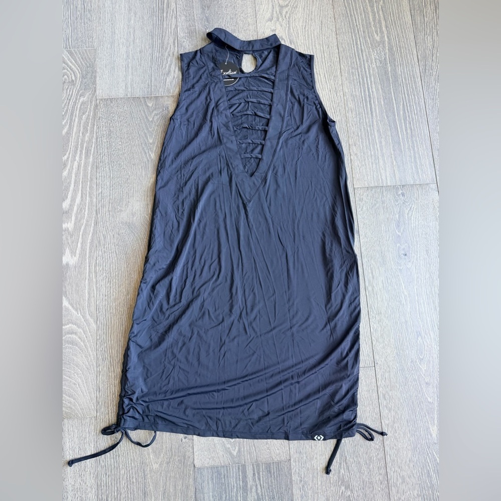 Exotica Black Slinky Silky Ladder Front Tank Dress with Cinched Sides